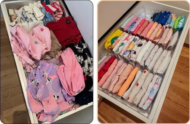 antes e depois numa gaveta de guarda roupa